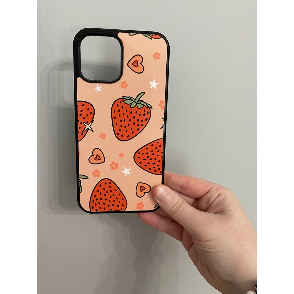 Phone Case iPhone 12 Pro Max Strawberry‎ Fruit Heart Star Pattern Black Edge
